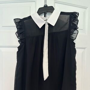 CeCe Black Sheer Blouse with White Collar and Tie